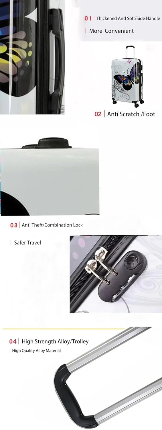 White Butterfly Print Luggage 4-Piece Set (14" 20" 24" 28") - Hardside Spinner Suitcases, TSA Lock, Airline-Approved, Lightweight Expandable Hard Shell, Smooth Rolling Wheels for Travel