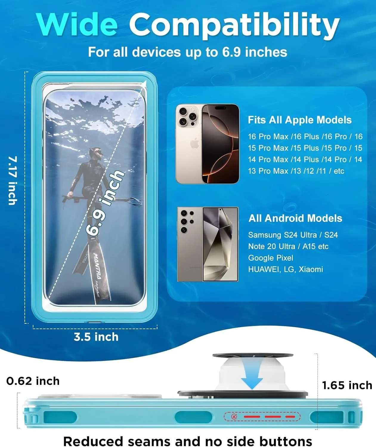 WIFORT Underwater Phone Case for Snorkeling, Pro Diving IP68 Waterproof Case with Lanyard, Universal Under Water Video Cellphone Case for iPhone 16 Galaxy Pixel Moto All Series, Up to 6.9" - Teal