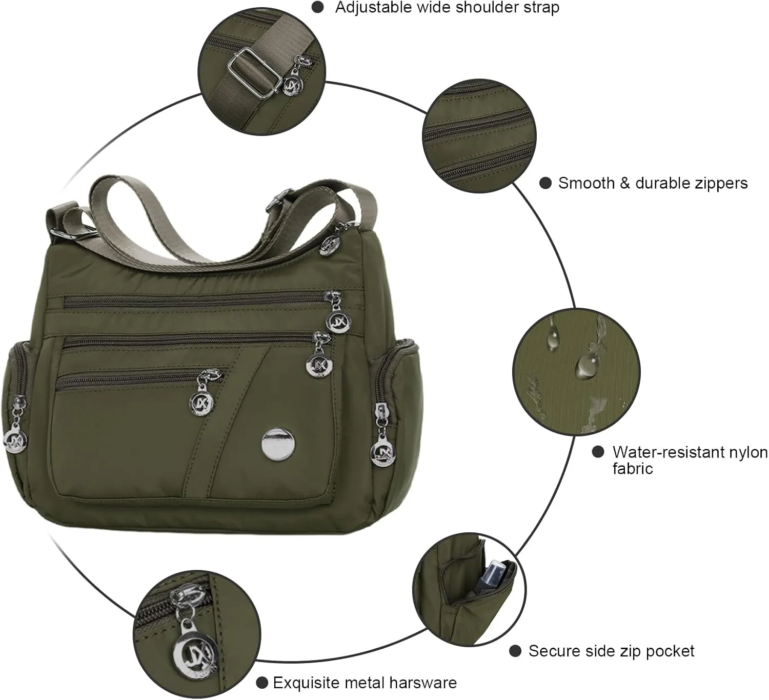 WITERY Nylon Crossboby Bags for Women - Waterproof Zipper Multi-Pocket Crossboby Purse Lightweight Shoulder Bag