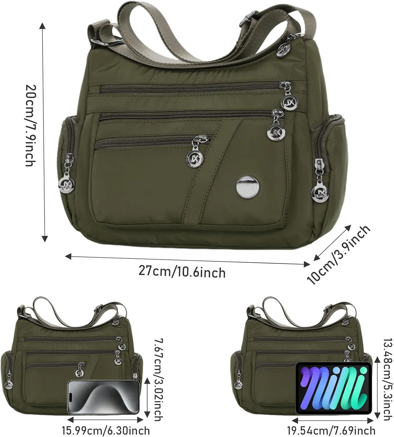 WITERY Nylon Crossboby Bags for Women - Waterproof Zipper Multi-Pocket Crossboby Purse Lightweight Shoulder Bag
