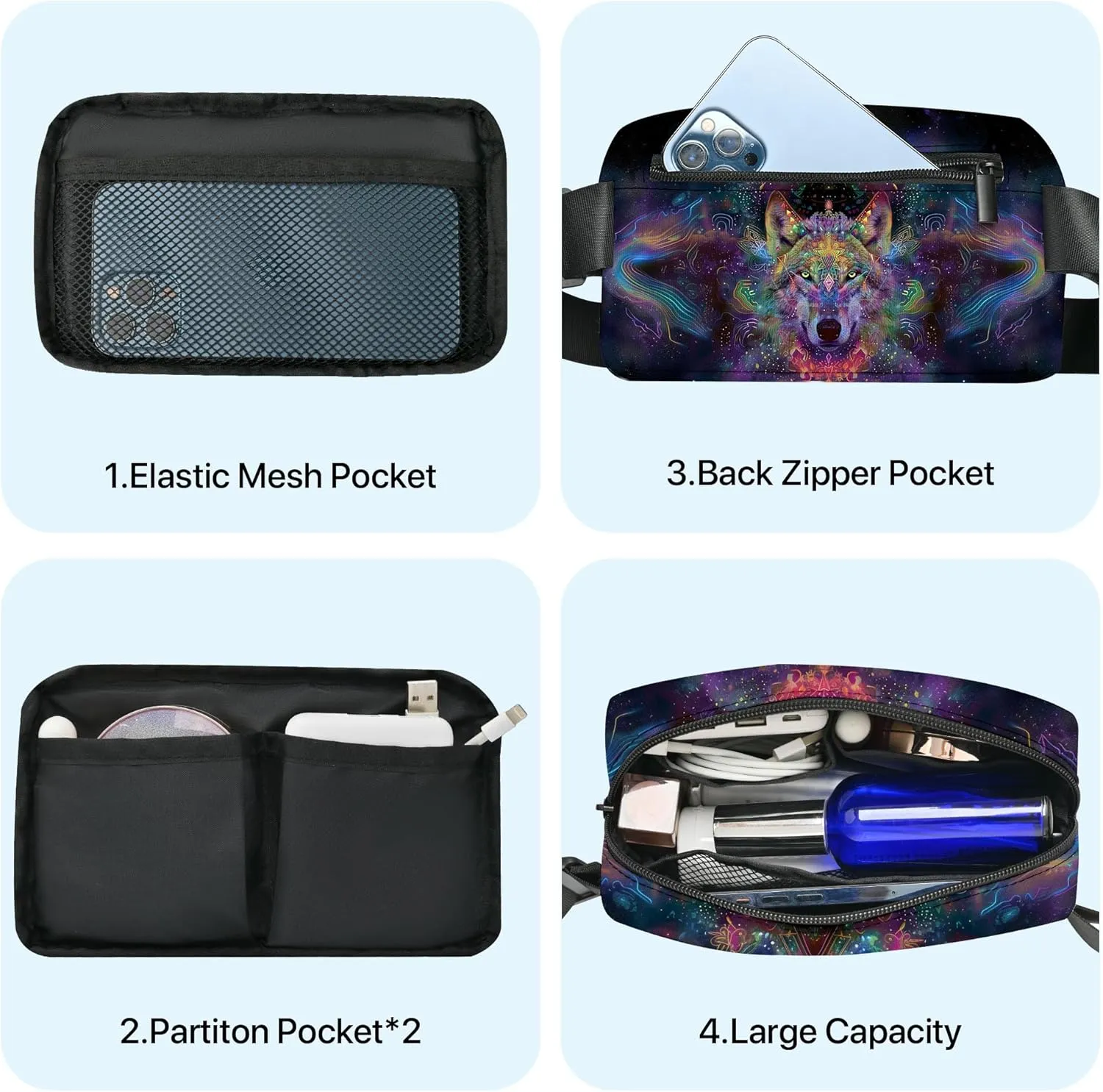 Wolf Fanny Pack Fashion Belt Bag Small Crossbody Bags for Women Casual Waist Packs with Adjustable Strap