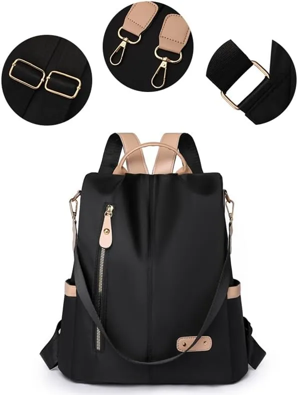 Women Backpack Purse Waterproof Nylon Anti-theft Rucksack Lightweight Shoulder Bag (Black)