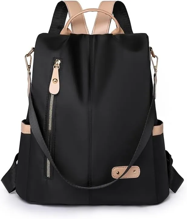 Women Backpack Purse Waterproof Nylon Anti-theft Rucksack Lightweight Shoulder Bag (Black)