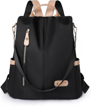 Women Backpack Purse Waterproof Nylon Anti-theft Rucksack Lightweight Shoulder Bag (Black)