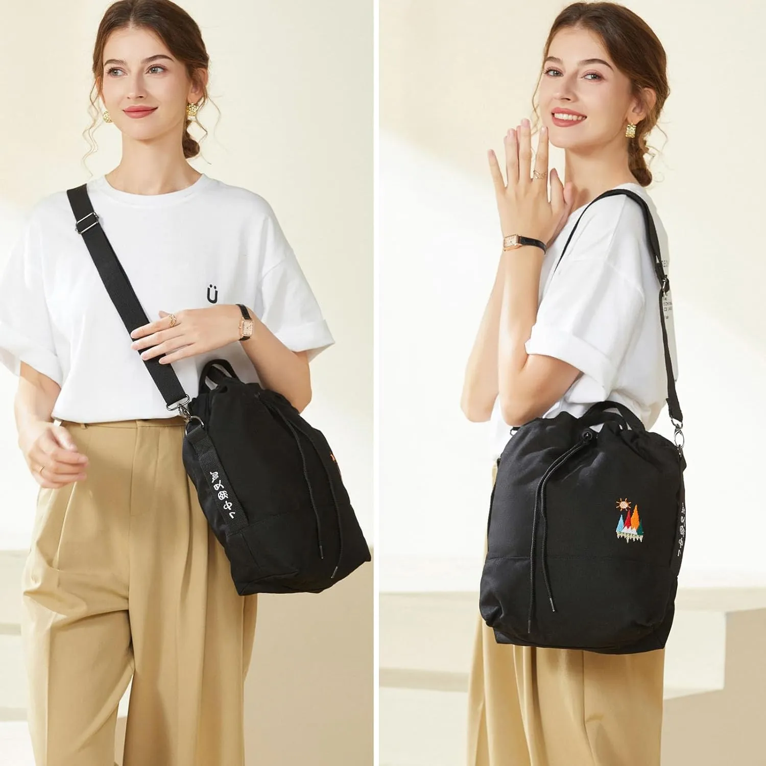 Women Canvas Tote Handbags Casual Shoulder Work Bag Crossbody Bag with Sunshine Embroidery