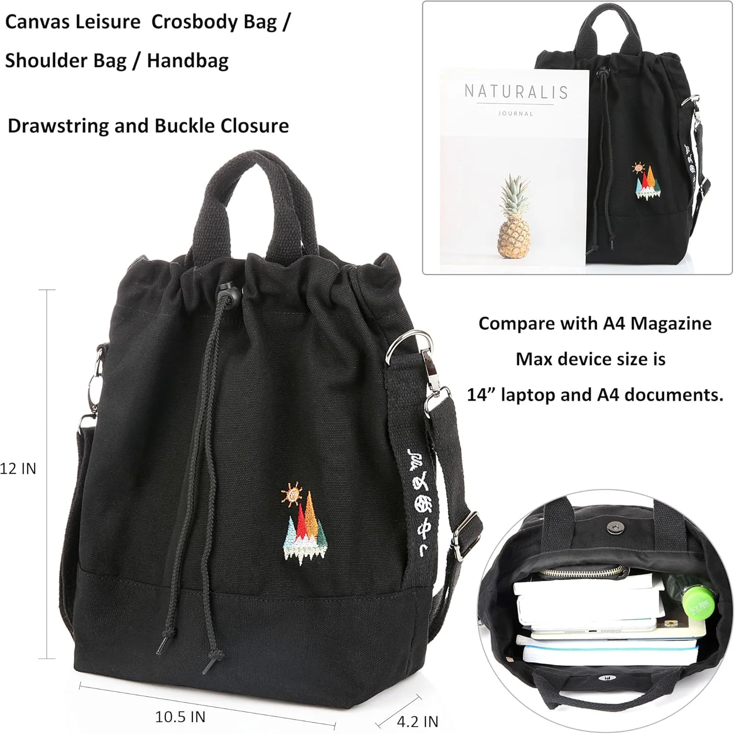 Women Canvas Tote Handbags Casual Shoulder Work Bag Crossbody Bag with Sunshine Embroidery