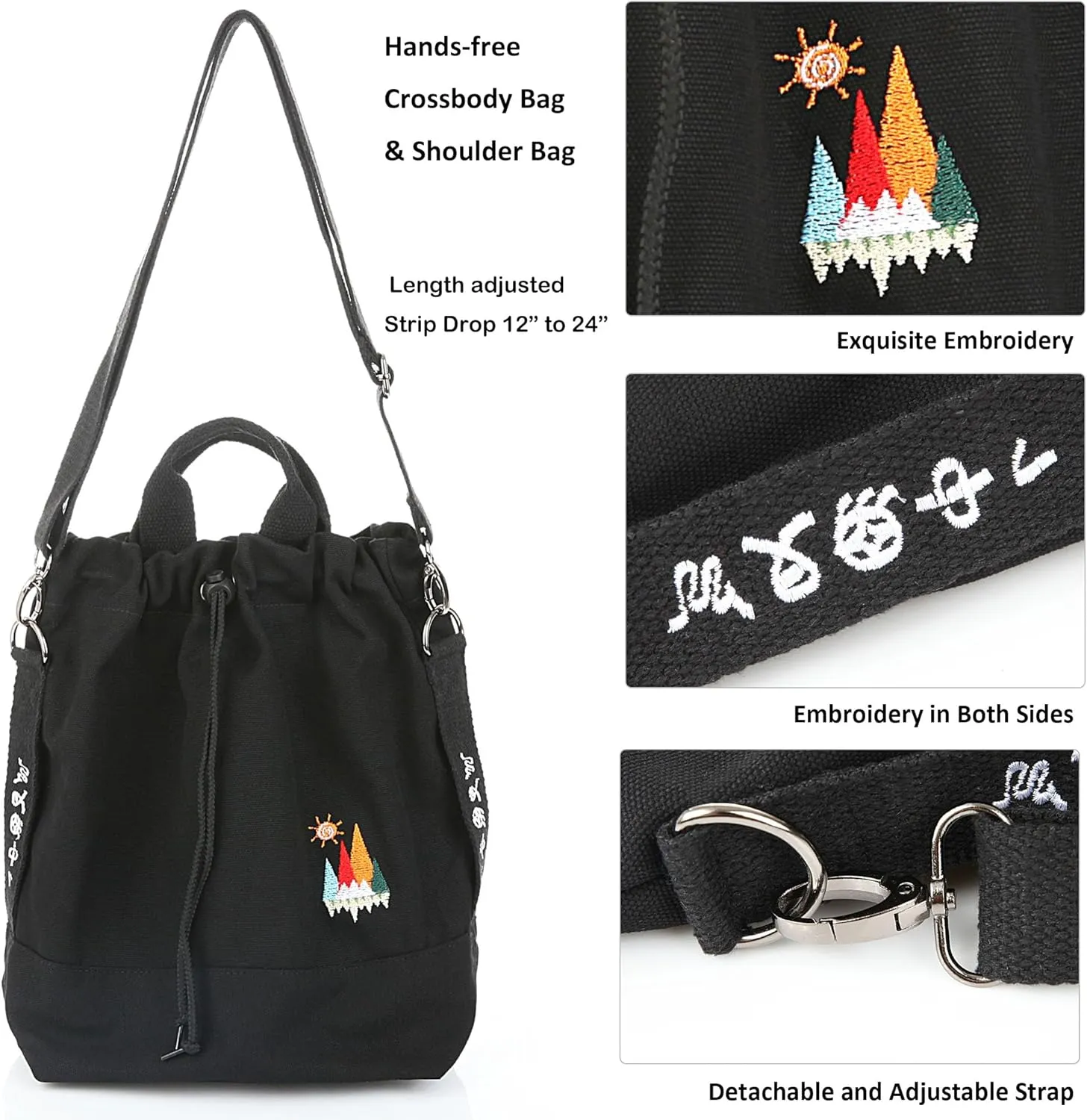 Women Canvas Tote Handbags Casual Shoulder Work Bag Crossbody Bag with Sunshine Embroidery
