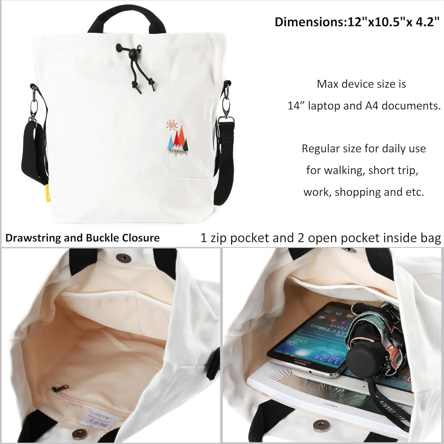 Women Canvas Tote Handbags Casual Shoulder Work Bag Crossbody Bag with Sunshine Embroidery