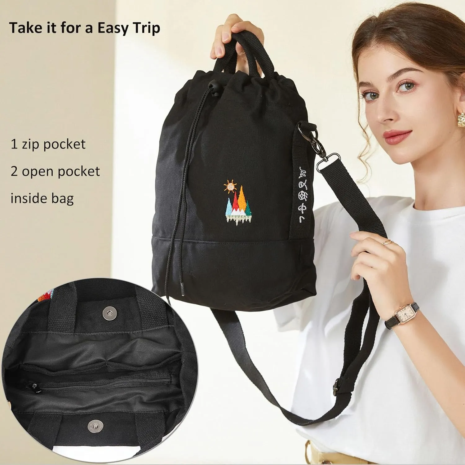 Women Canvas Tote Handbags Casual Shoulder Work Bag Crossbody Bag with Sunshine Embroidery