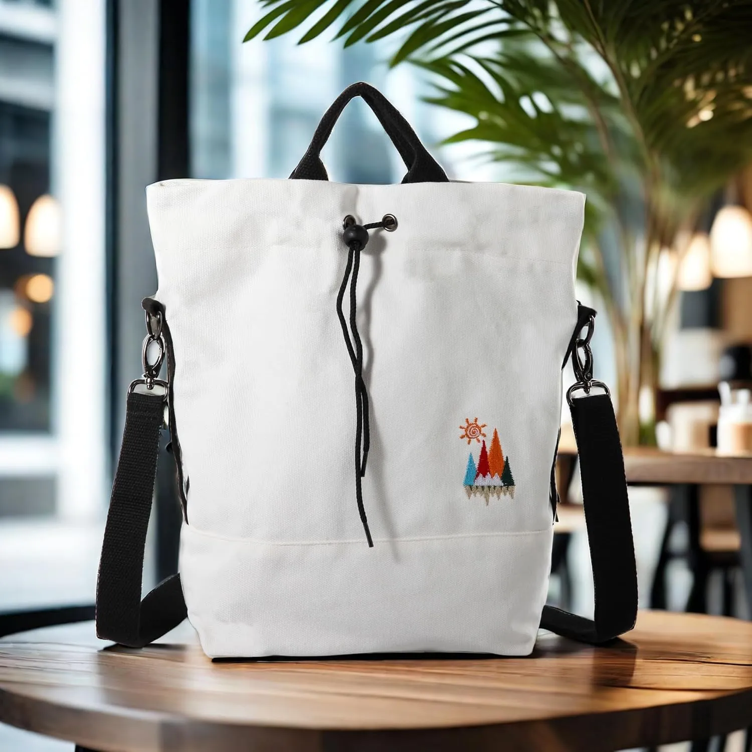 Women Canvas Tote Handbags Casual Shoulder Work Bag Crossbody Bag with Sunshine Embroidery