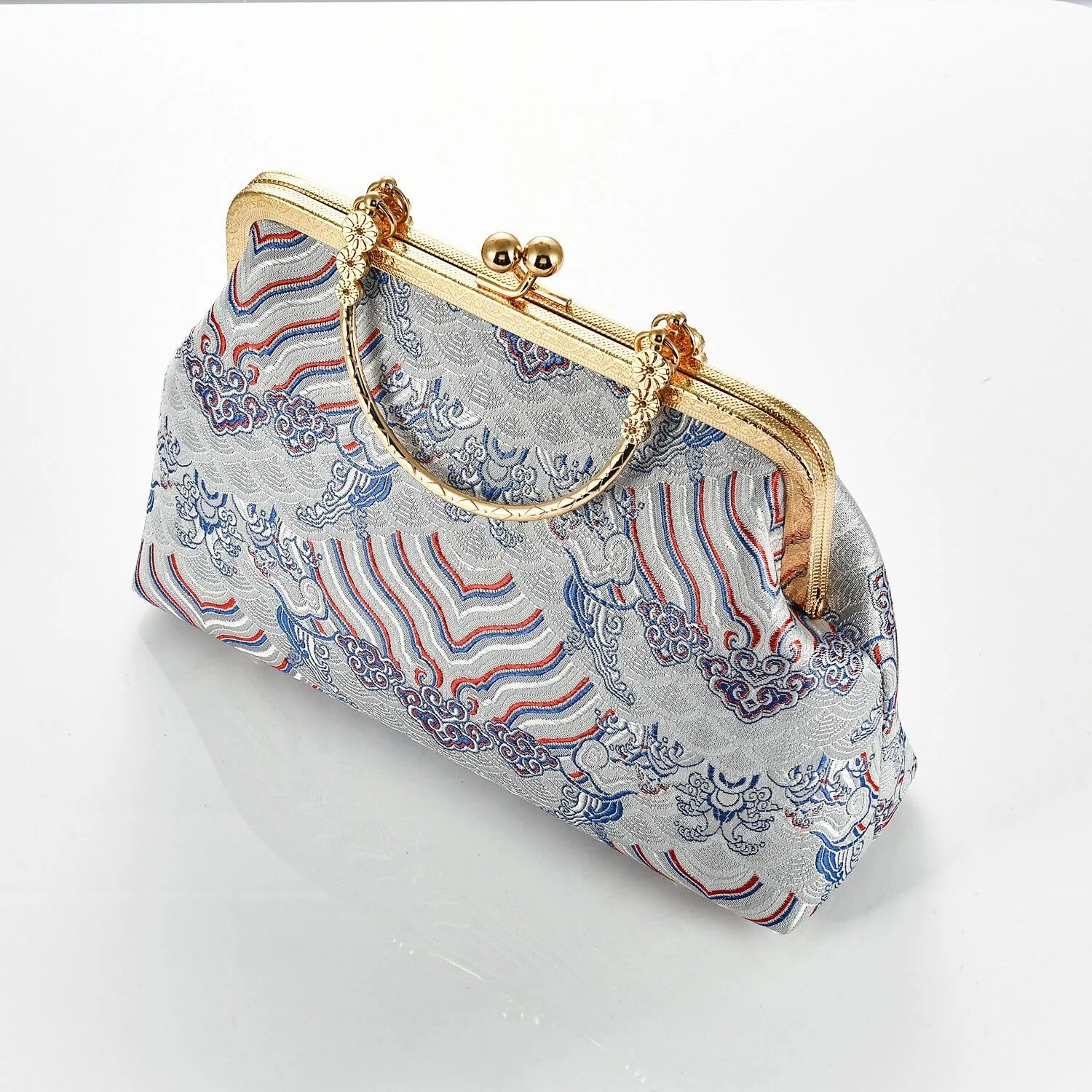 Women China Chic Retro Top-handle Bag Vintage Kiss Lock Tote Handbag Wedding Party Evening Clutch Purse With Chain Strap