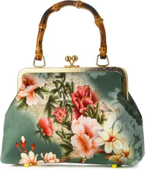 Women Chinese Vintage Evening Purse Floral Kiss Lock Top Handle Handbag with Shoulder Chain Strap For Wedding Party