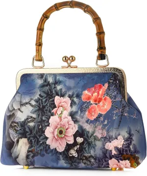 Women Chinese Vintage Evening Purse Floral Kiss Lock Top Handle Handbag with Shoulder Chain Strap For Wedding Party