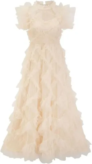Women Embroidered Dress Short Sleeve Layers Ruffles Cake Floral A-Line Maxi Prom Vestidos Robe
