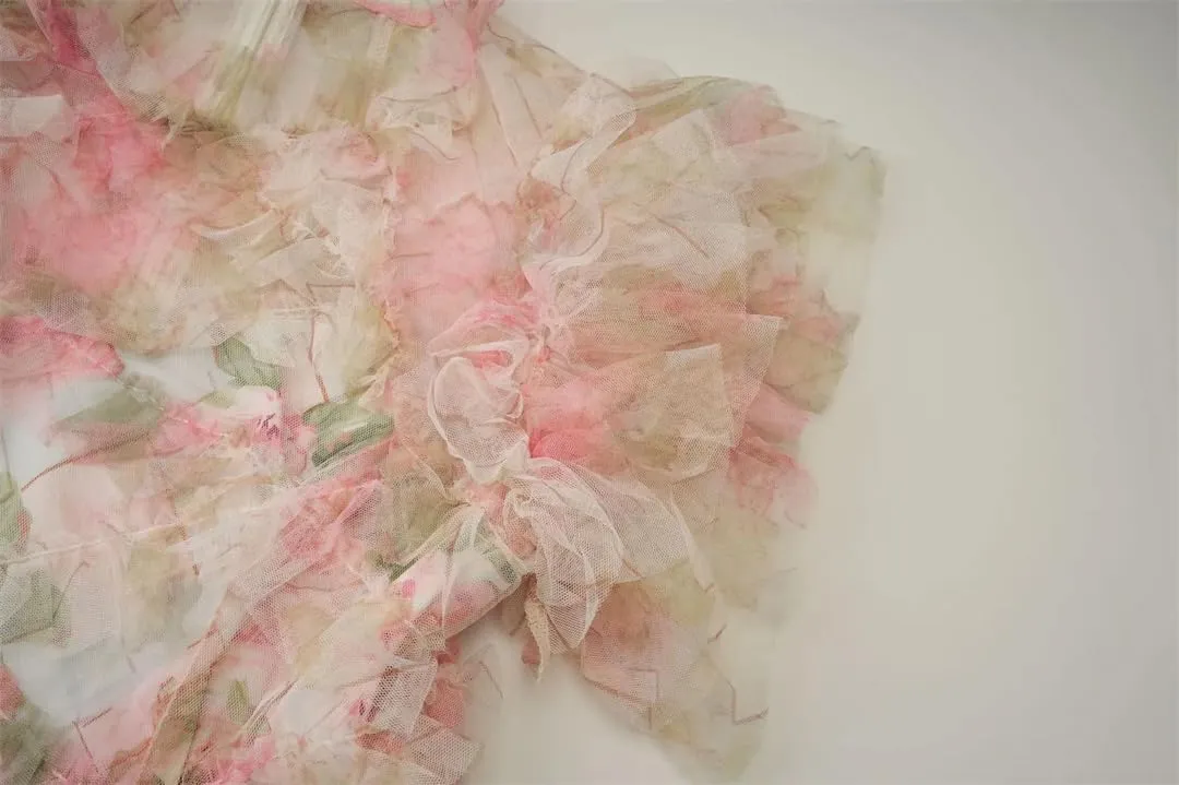Women Embroidered Dress Short Sleeve Layers Ruffles Cake Floral A-Line Maxi Prom Vestidos Robe