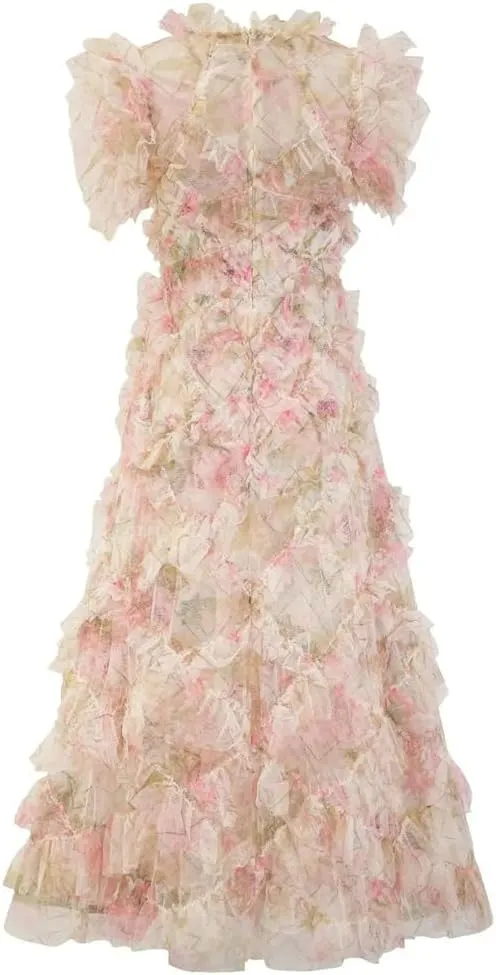 Women Embroidered Dress Short Sleeve Layers Ruffles Cake Floral A-Line Maxi Prom Vestidos Robe
