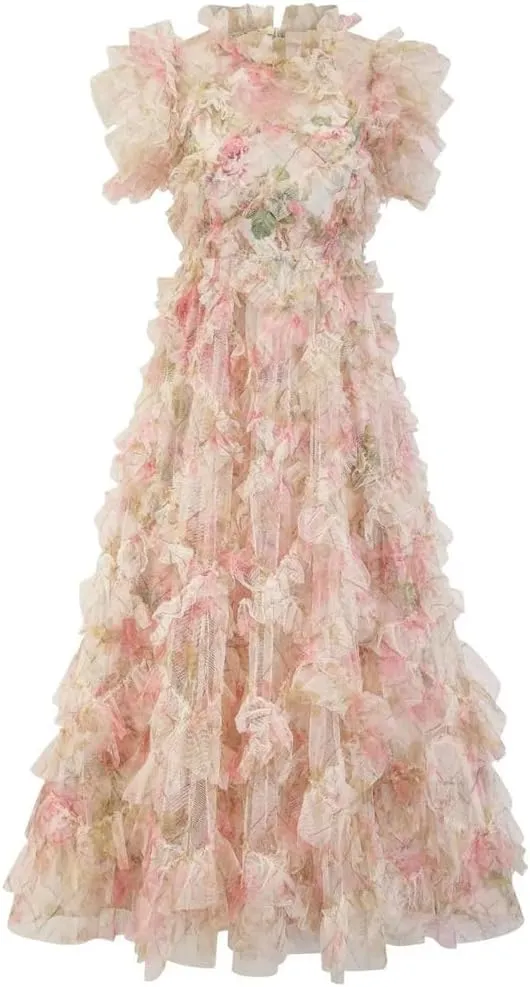 Women Embroidered Dress Short Sleeve Layers Ruffles Cake Floral A-Line Maxi Prom Vestidos Robe