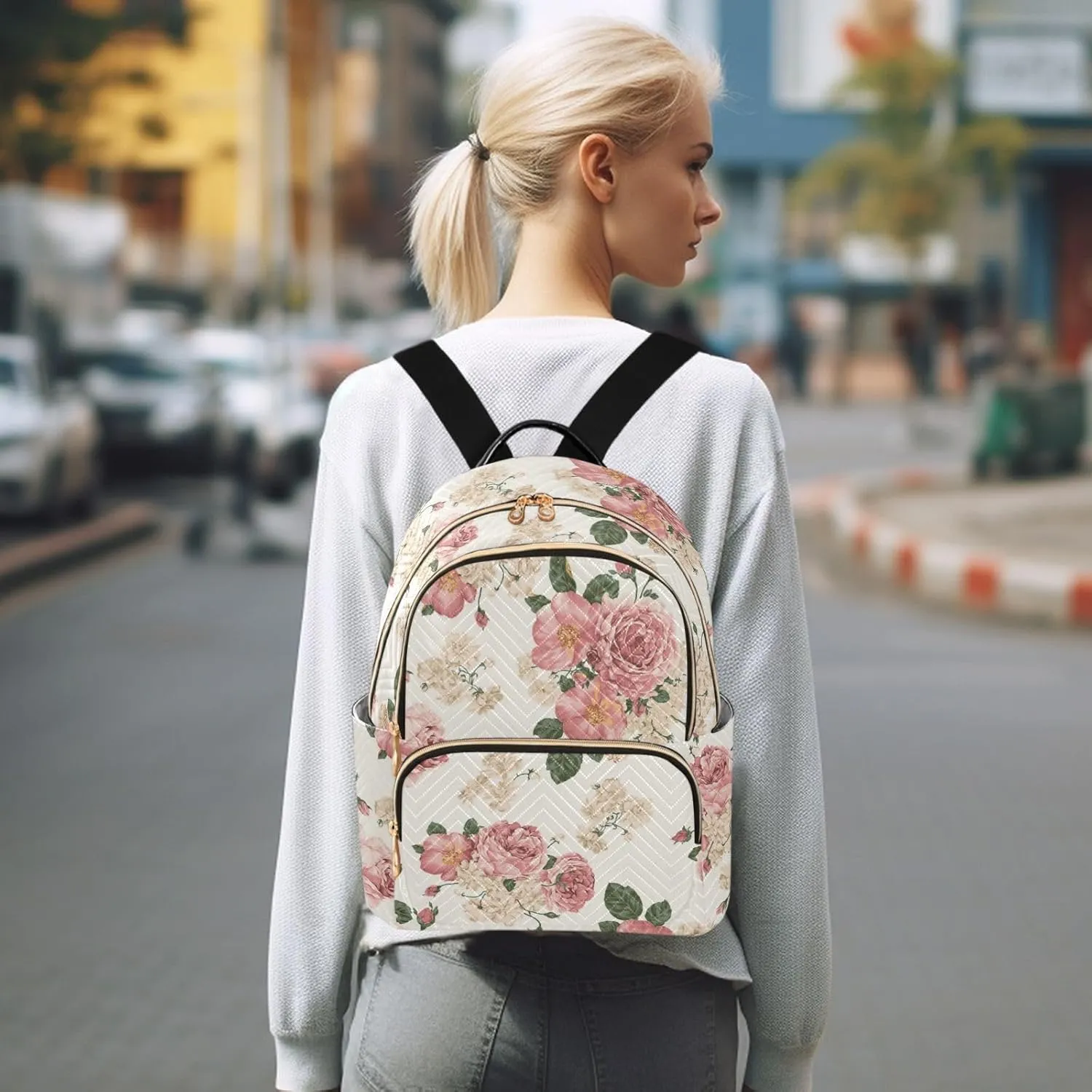 Women Fashion Backpack Purse Casual Lightweight Travel Shoulder Bag Beautiful Roses Vintage Floral Rucksack Ladies Bag, Medium
