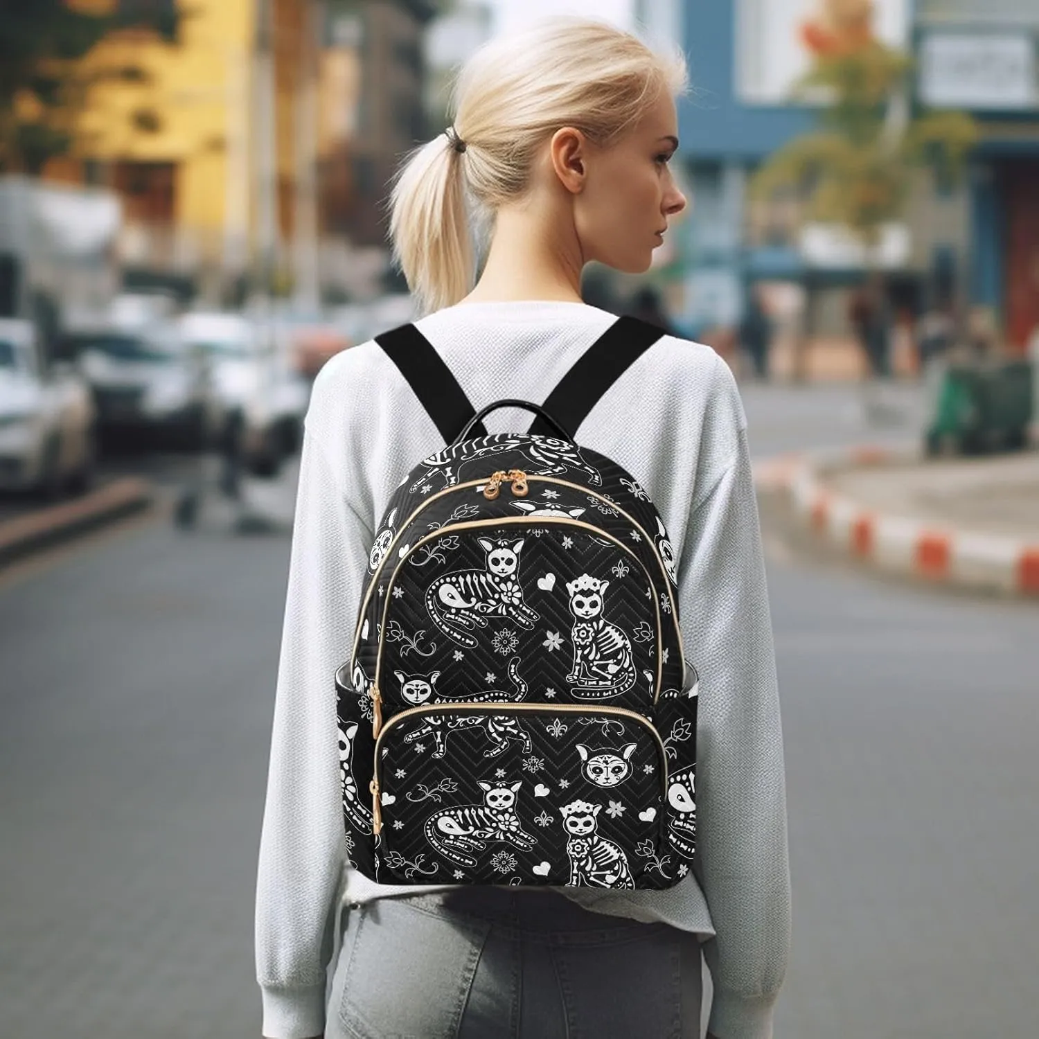 Women Fashion Backpack Purse Casual Lightweight Travel Shoulder Bag Death Cat Rucksack Ladies Bag, Small