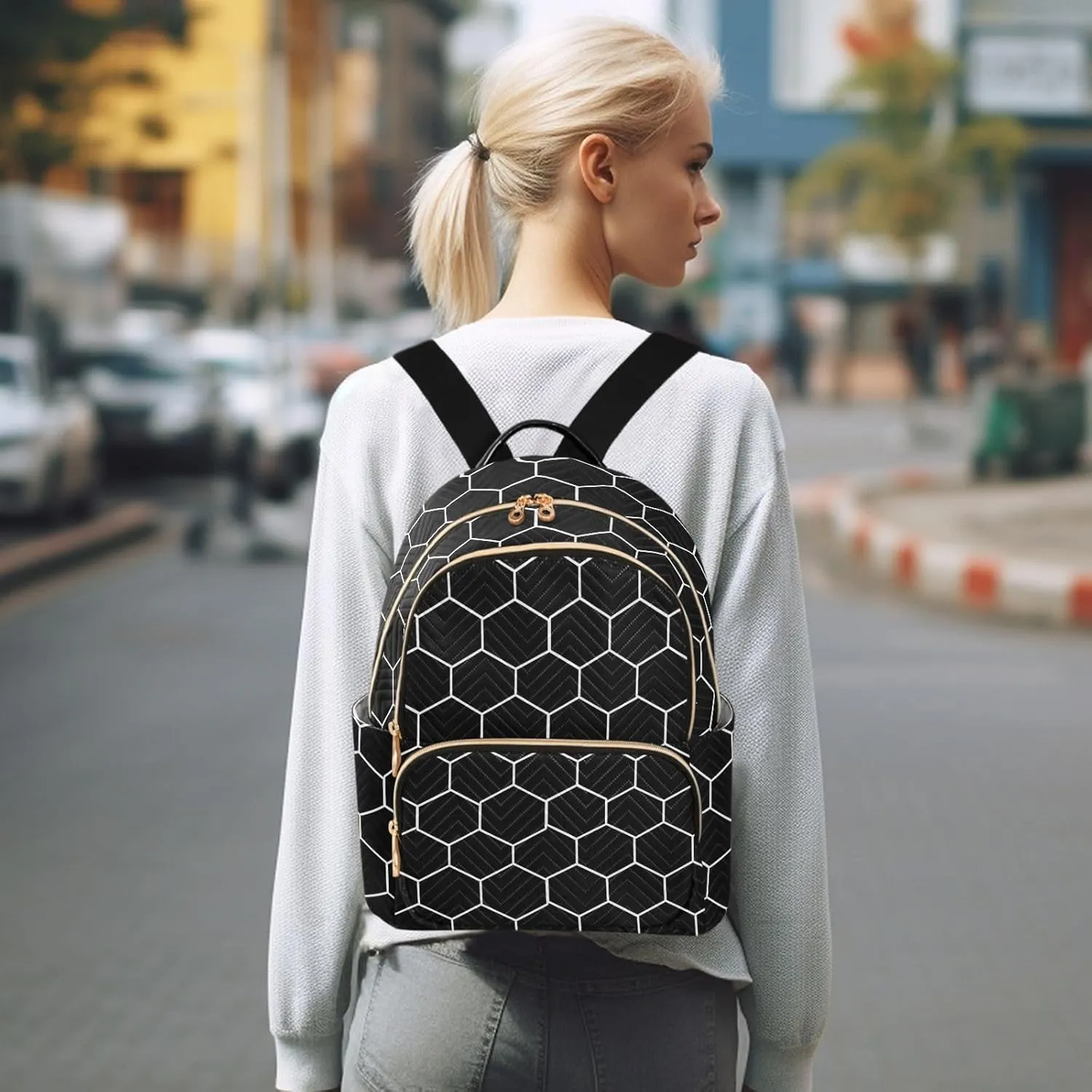 Women Fashion Backpack Purse Hexagonal Grids Black Background Mini Travel Backpack Ladies Shoulder Bag Work Daypack 8.5L
