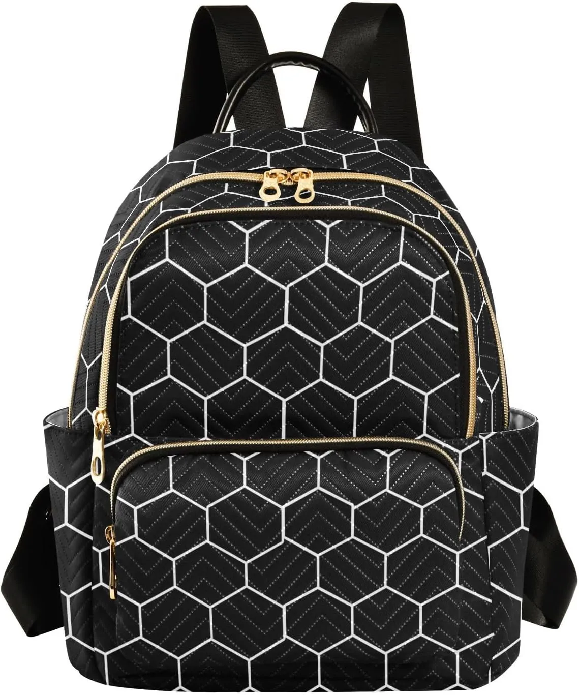 Women Fashion Backpack Purse Hexagonal Grids Black Background Mini Travel Backpack Ladies Shoulder Bag Work Daypack 8.5L