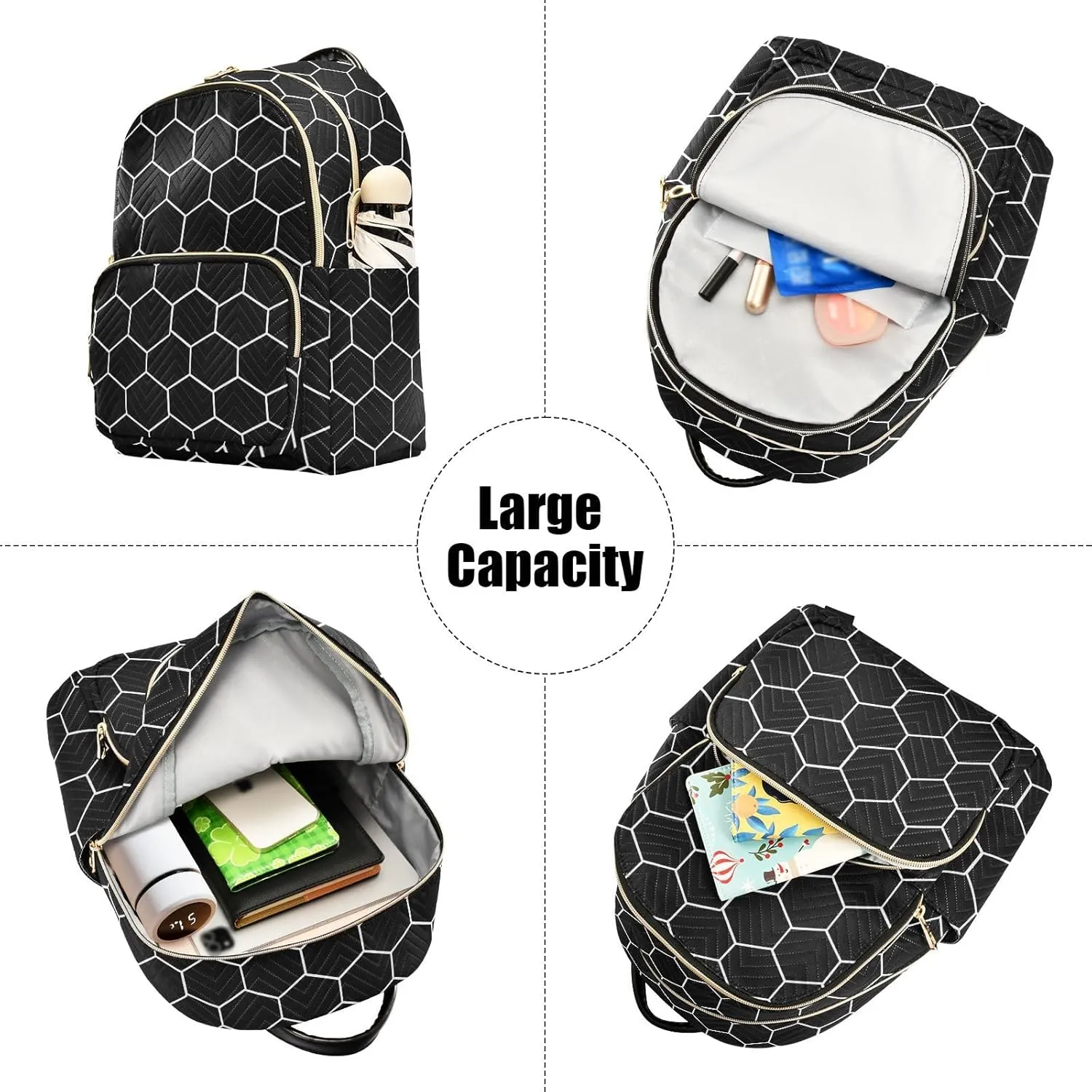 Women Fashion Backpack Purse Hexagonal Grids Black Background Mini Travel Backpack Ladies Shoulder Bag Work Daypack 8.5L