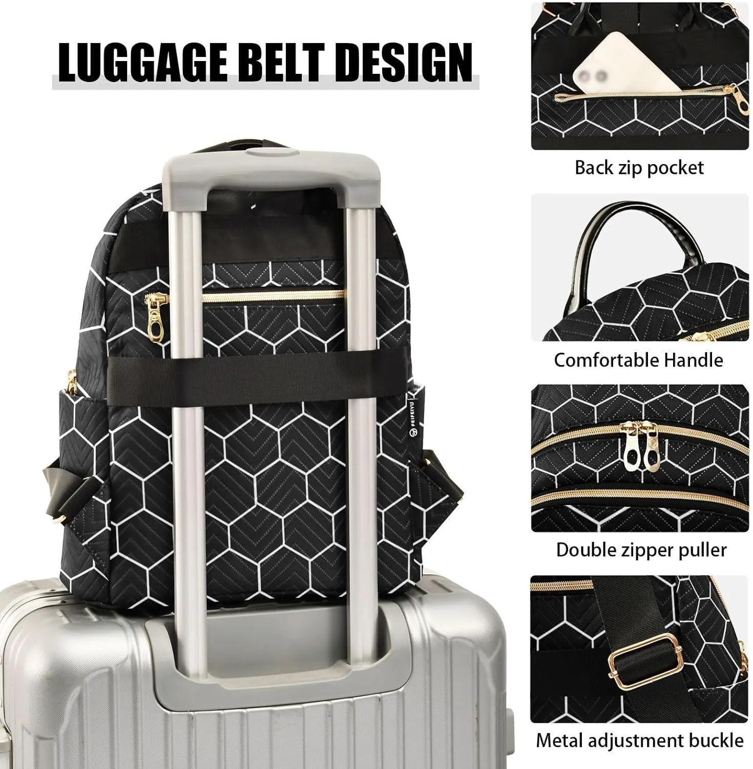 Women Fashion Backpack Purse Hexagonal Grids Black Background Mini Travel Backpack Ladies Shoulder Bag Work Daypack 8.5L