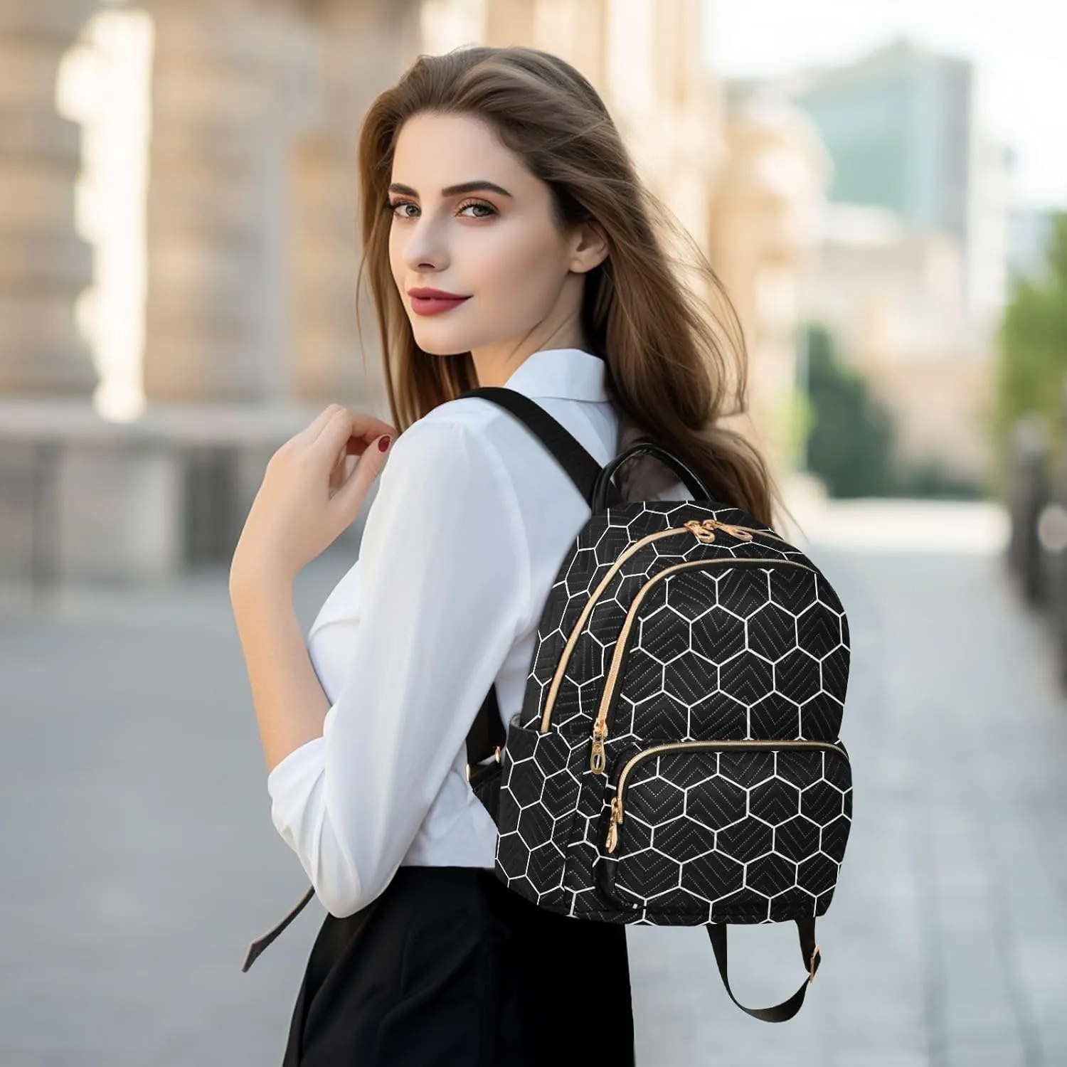 Women Fashion Backpack Purse Hexagonal Grids Black Background Mini Travel Backpack Ladies Shoulder Bag Work Daypack 8.5L