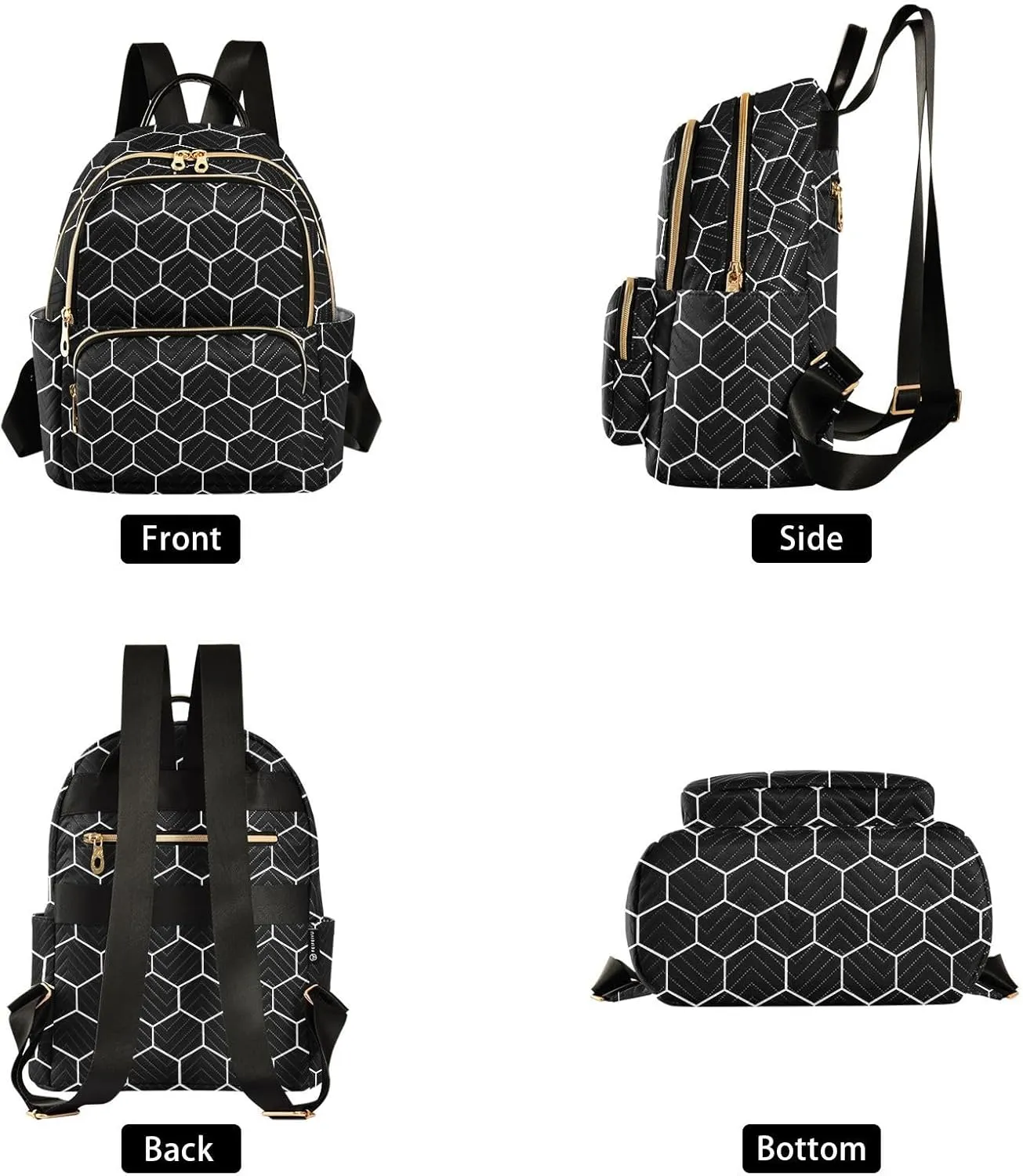 Women Fashion Backpack Purse Hexagonal Grids Black Background Mini Travel Backpack Ladies Shoulder Bag Work Daypack 8.5L