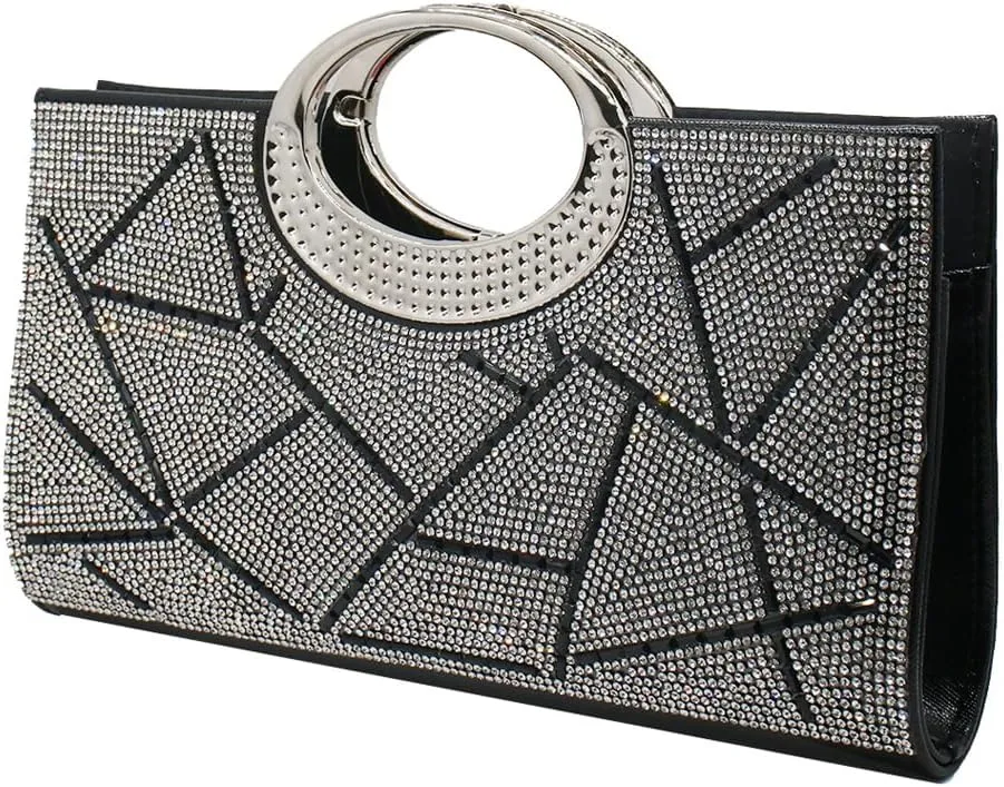 Women Geometric Patterns Top Handle Bag Bling Crystals Evening Bag with Detachable Chain for Formal Dinner