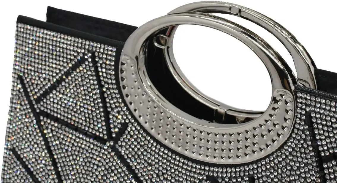 Women Geometric Patterns Top Handle Bag Bling Crystals Evening Bag with Detachable Chain for Formal Dinner