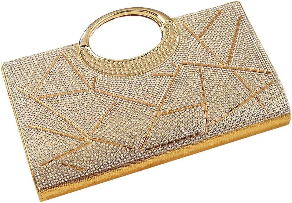 Women Geometric Patterns Top Handle Bag Bling Crystals Evening Bag with Detachable Chain for Formal Dinner