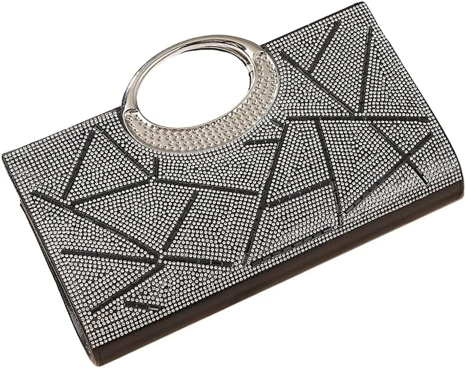 Women Geometric Patterns Top Handle Bag Bling Crystals Evening Bag with Detachable Chain for Formal Dinner