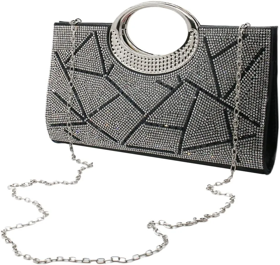 Women Geometric Patterns Top Handle Bag Bling Crystals Evening Bag with Detachable Chain for Formal Dinner