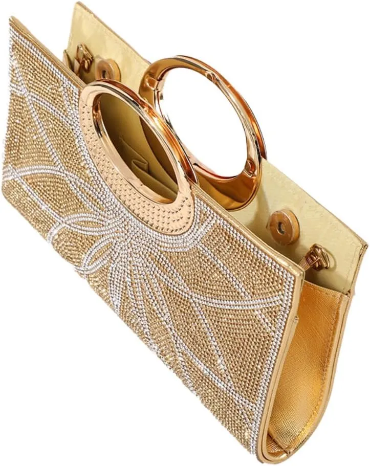 Women Geometric Patterns Top Handle Bag Bling Crystals Evening Bag with Detachable Chain for Formal Dinner