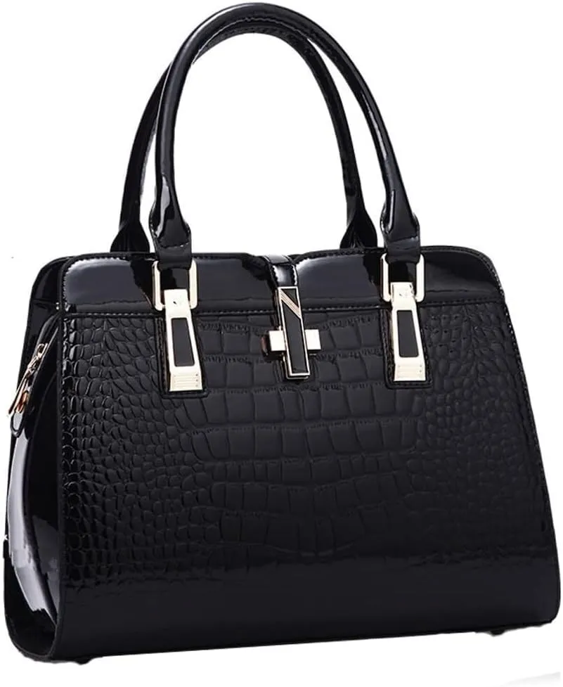 Women Handbag Leather Top Handle Handbag Crocodile Print Ladies Bright Large Capacity Bag with Adjustable Long Strap