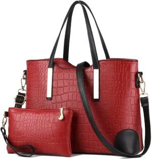 Women Handbags and Purse Set Vegan Leather Tote Bags Shoulder Bag Satchel Crocodile Texture Handbag Wallet 2 Pcs