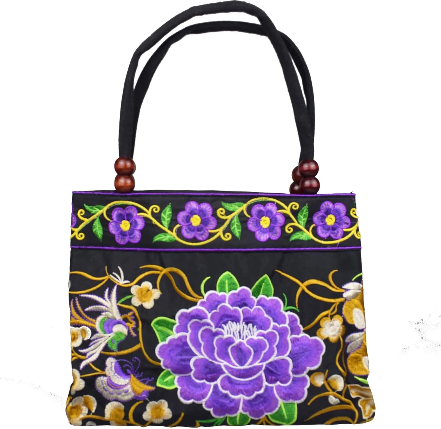 Women Handmade Tote-Vintage Floral Hobo-Embroidery Shouder-Handbags - Double Side Embroidery Two Main Pockets