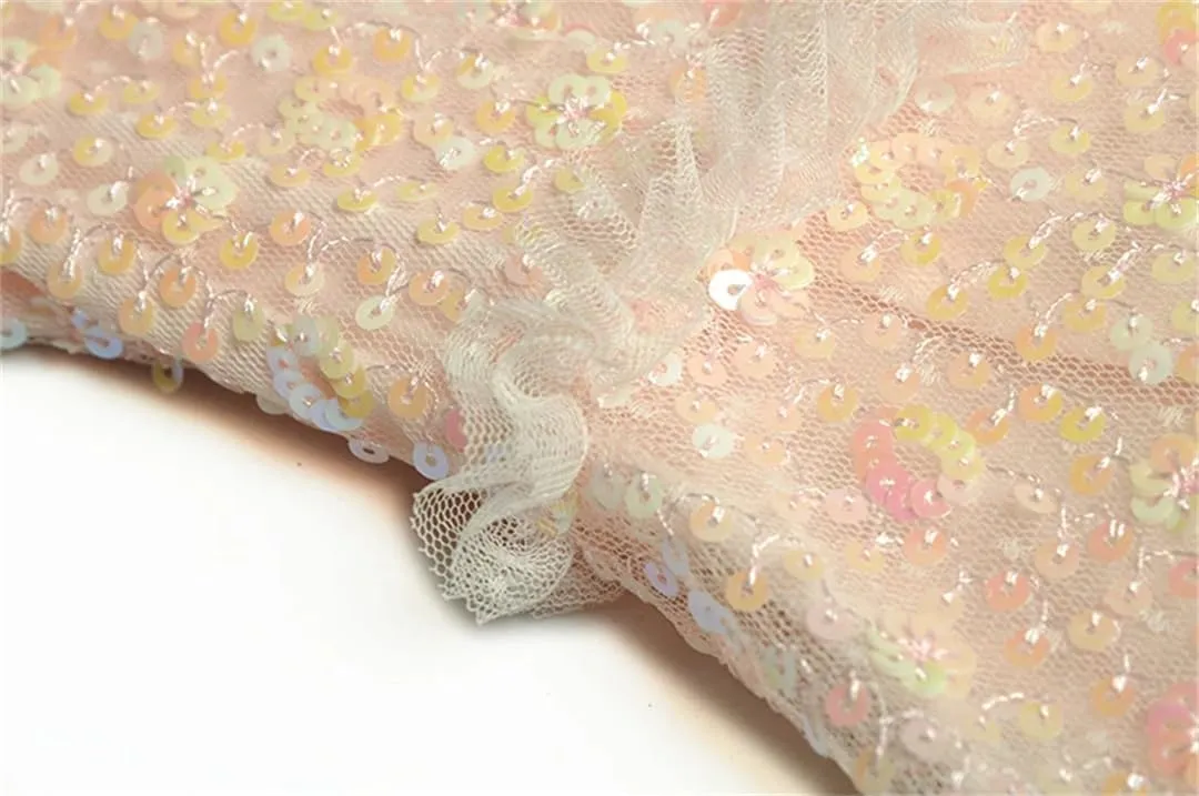 Women Mesh Sequin Dress Crew Neck Lantern Long Sleeved Ruffle Fluffy Large Swing Dresses Evening Party