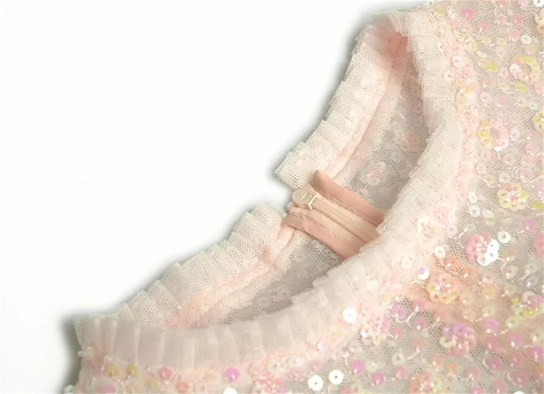 Women Mesh Sequin Dress Crew Neck Lantern Long Sleeved Ruffle Fluffy Large Swing Dresses Evening Party