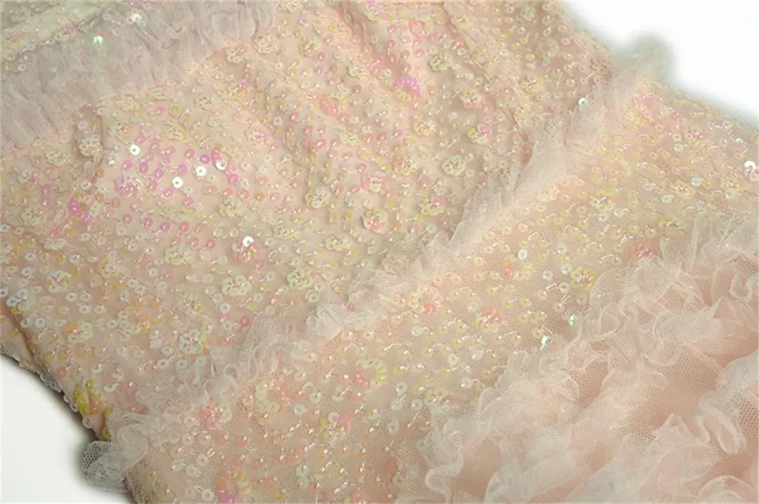 Women Mesh Sequin Dress Crew Neck Lantern Long Sleeved Ruffle Fluffy Large Swing Dresses Evening Party