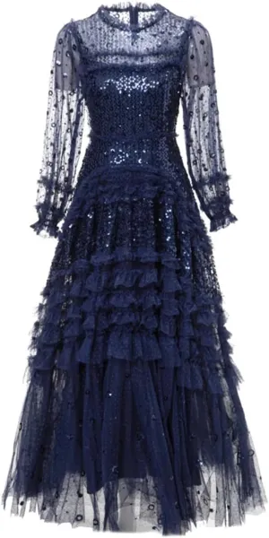 Women Mesh Sequin Dress Crew Neck Lantern Long Sleeved Ruffle Fluffy Large Swing Dresses Evening Party