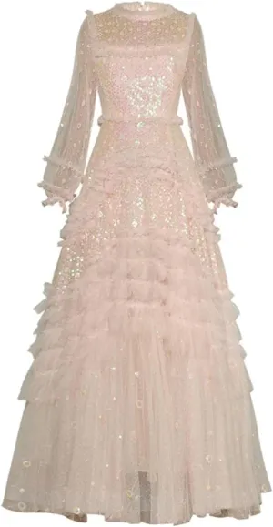 Women Mesh Sequin Dress Crew Neck Lantern Long Sleeved Ruffle Fluffy Large Swing Dresses Evening Party