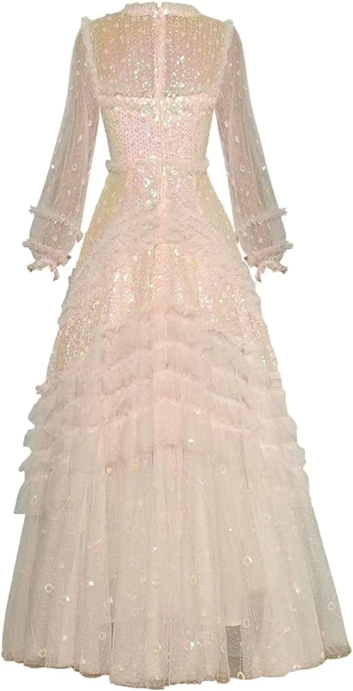 Women Mesh Sequin Dress Crew Neck Lantern Long Sleeved Ruffle Fluffy Large Swing Dresses Evening Party
