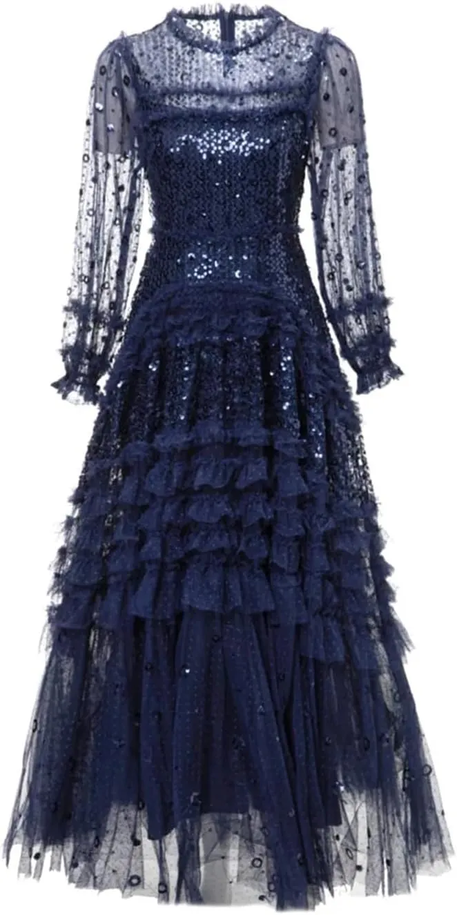 Women Mesh Sequin Dress Crew Neck Lantern Long Sleeved Ruffle Fluffy Large Swing Dresses Evening Party