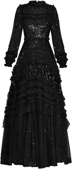 Women Mesh Sequin Dress Crew Neck Lantern Long Sleeved Ruffle Fluffy Large Swing Dresses Evening Party