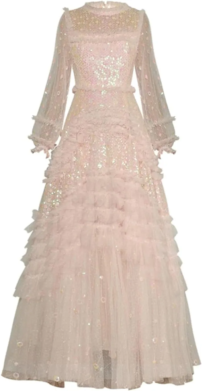 Women Mesh Sequin Dress Crew Neck Lantern Long Sleeved Ruffle Fluffy Large Swing Dresses Evening Party