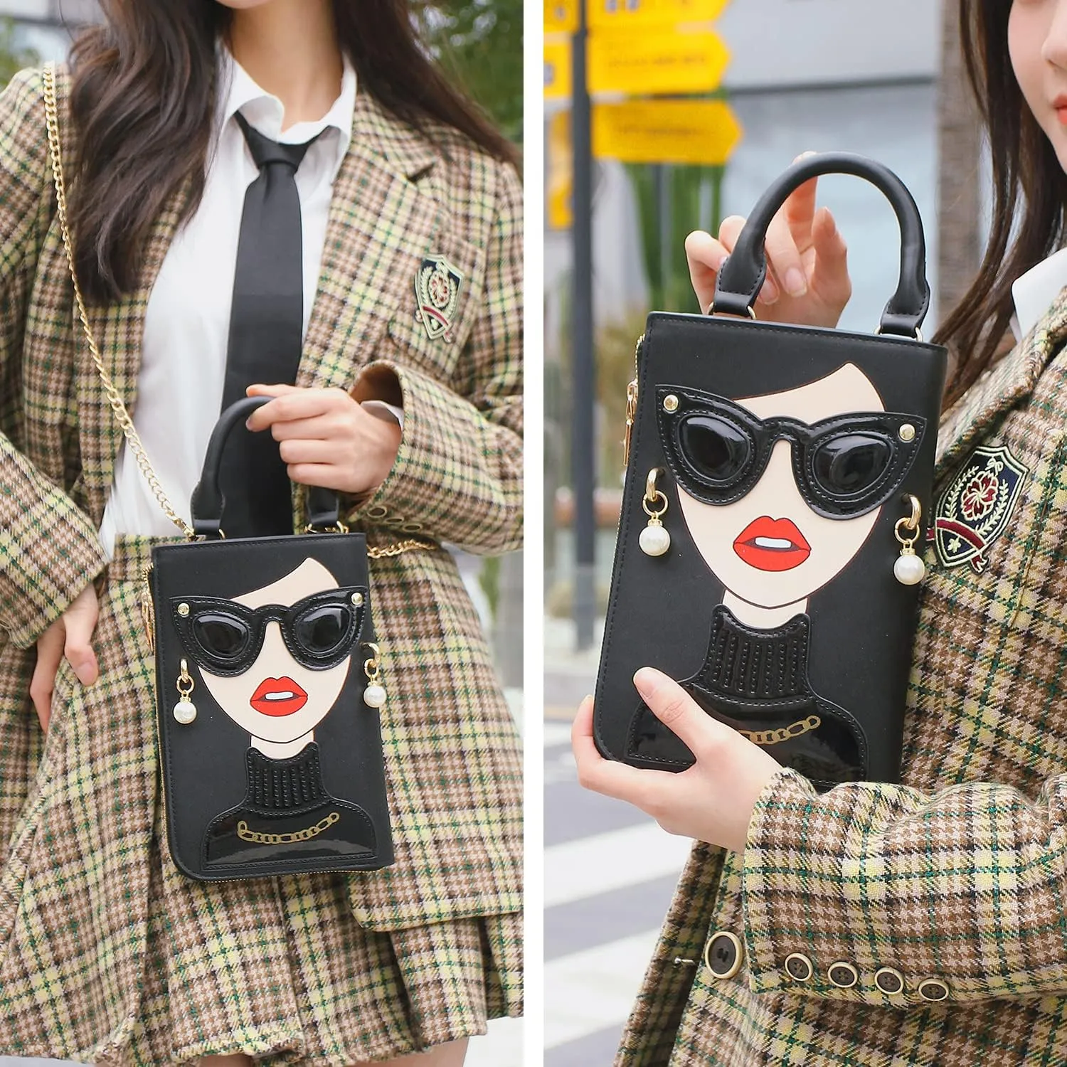 Women Novelty Lady Face Shoulder Bags Funky PU Leather Top Handle Satchel Handbags Clutch Purse for Women