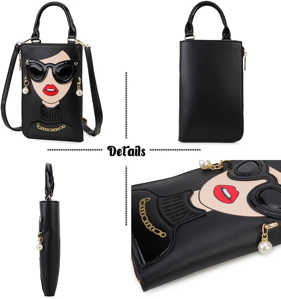 Women Novelty Lady Face Shoulder Bags Funky PU Leather Top Handle Satchel Handbags Clutch Purse for Women