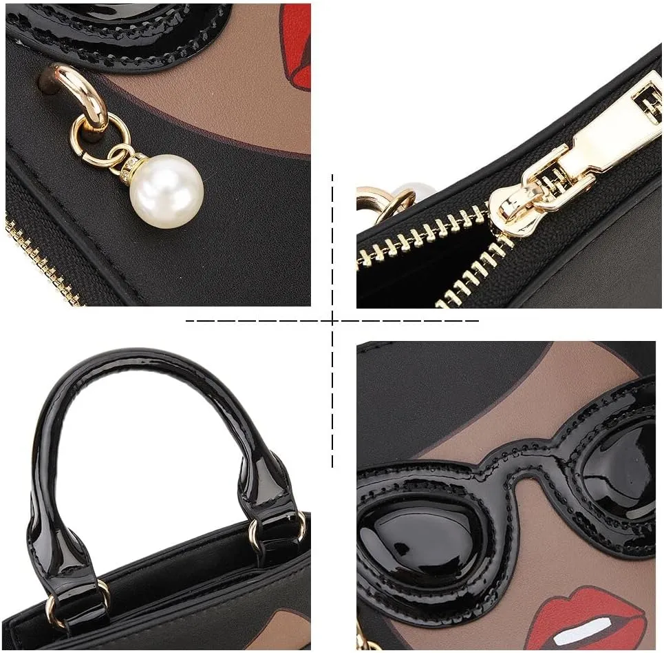 Women Novelty Lady Face Shoulder Bags Funky PU Leather Top Handle Satchel Handbags Clutch Purse for Women